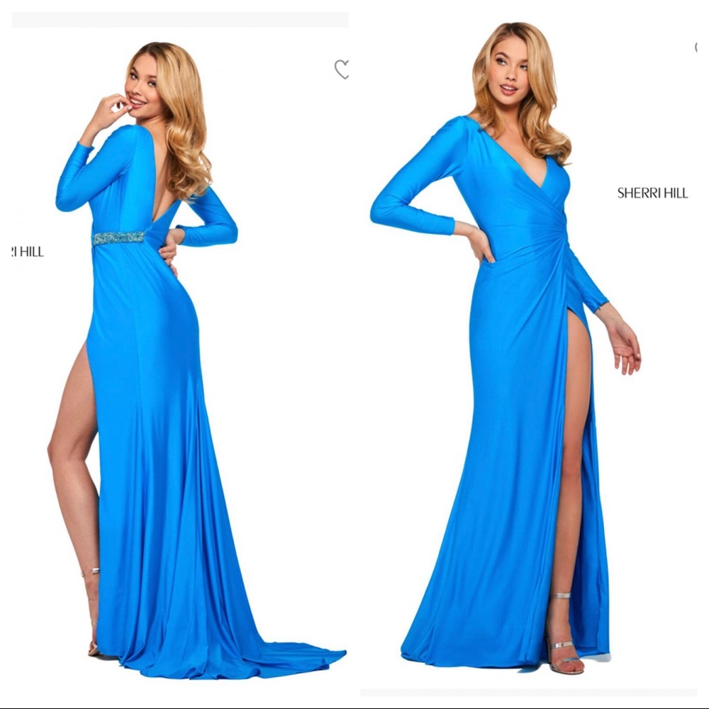 Sherri Hill Turquoise Blue Formal Gown with Wrap and Jewell Detail